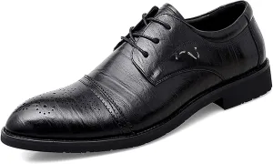Dress Shoes for Men Lace Up Brogue Embossed Cap Round Toe Derby Shoes Vegan Leather Anti-Slip Rubber Sole Low Top Block Heel Non Slip Business