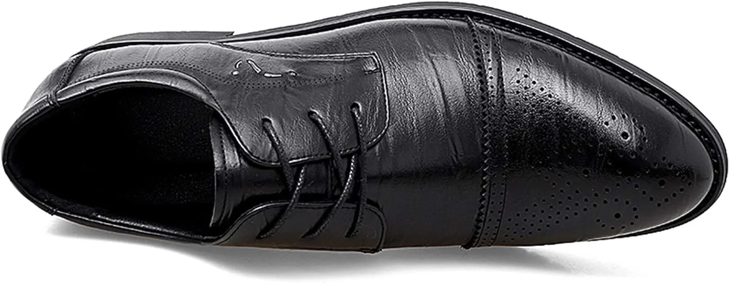Dress Shoes for Men Lace Up Brogue Embossed Cap Round Toe Derby Shoes Vegan Leather Anti-Slip Rubber Sole Low Top Block Heel Non Slip Business