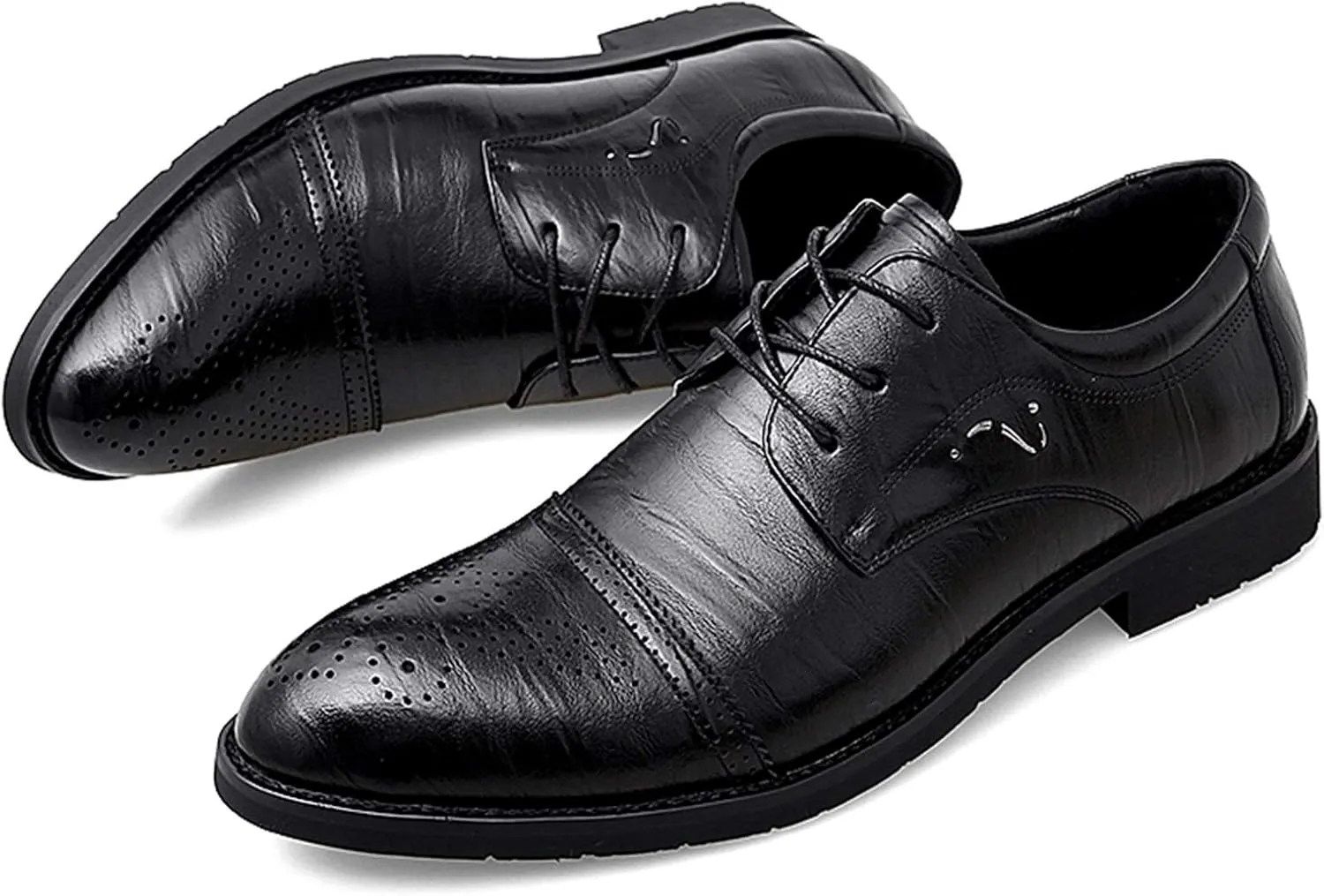 Dress Shoes for Men Lace Up Brogue Embossed Cap Round Toe Derby Shoes Vegan Leather Anti-Slip Rubber Sole Low Top Block Heel Non Slip Business