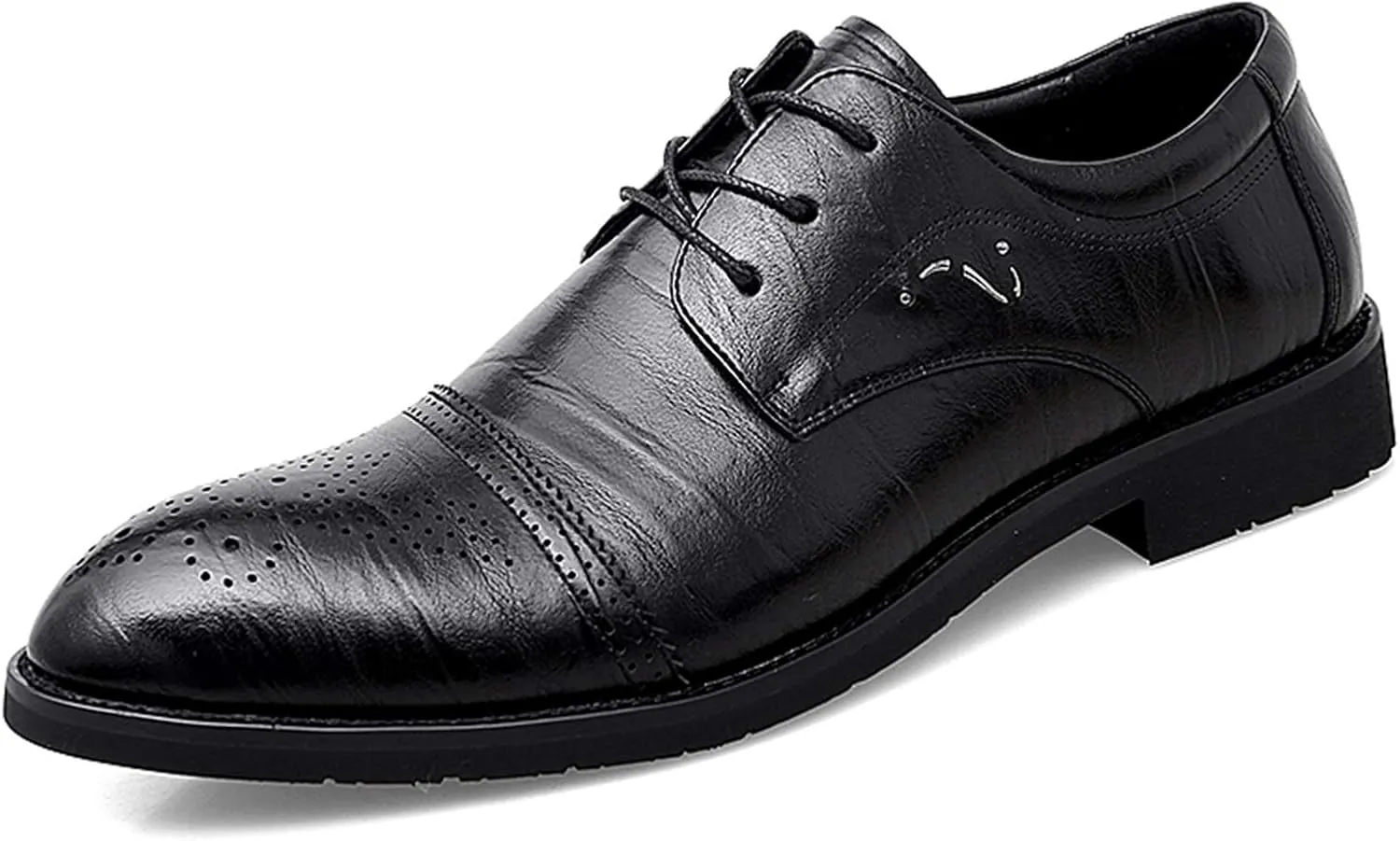 Dress Shoes for Men Lace Up Brogue Embossed Cap Round Toe Derby Shoes Vegan Leather Anti-Slip Rubber Sole Low Top Block Heel Non Slip Business