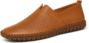 Driving Loafer for Men Casual Shoes Slip on Synthetic Leather Round Toe Solid Color Stitching Rubber Sole Splice Antislip (Perforated Option) (Color : Brown, Size : 10 M US)
