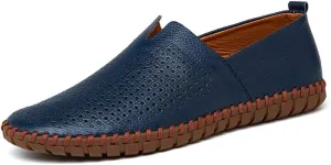 Driving Loafer for Men Casual Shoes Slip on Synthetic Leather Round Toe Solid Color Stitching Rubber Sole Splice Antislip (Perforated Option) (Color : Dark-Blue, Size : 12 M US)