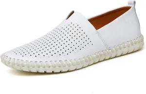 Driving Loafer for Men Casual Shoes Slip on Synthetic Leather Round Toe Solid Color Stitching Rubber Sole Splice Antislip (Perforated Option) (Color : White, Size : 8 M US)