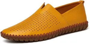Driving Loafer for Men Casual Shoes Slip on Synthetic Leather Round Toe Solid Color Stitching Rubber Sole Splice Antislip (Perforated Option) (Color : Yellow, Size : 9.5 M US)