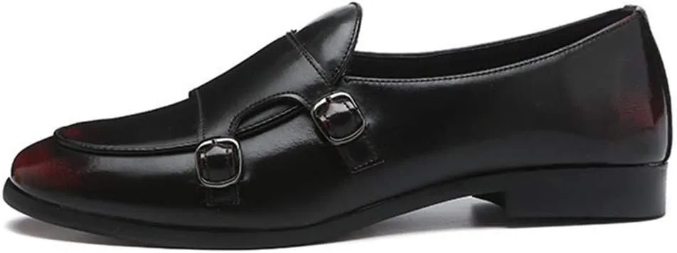 Driving Loafer for Men Walking Shoes Slip on Microfiber Leather Pointed Toe Monk Strap Anti Slip with Texture Patent Block Heel