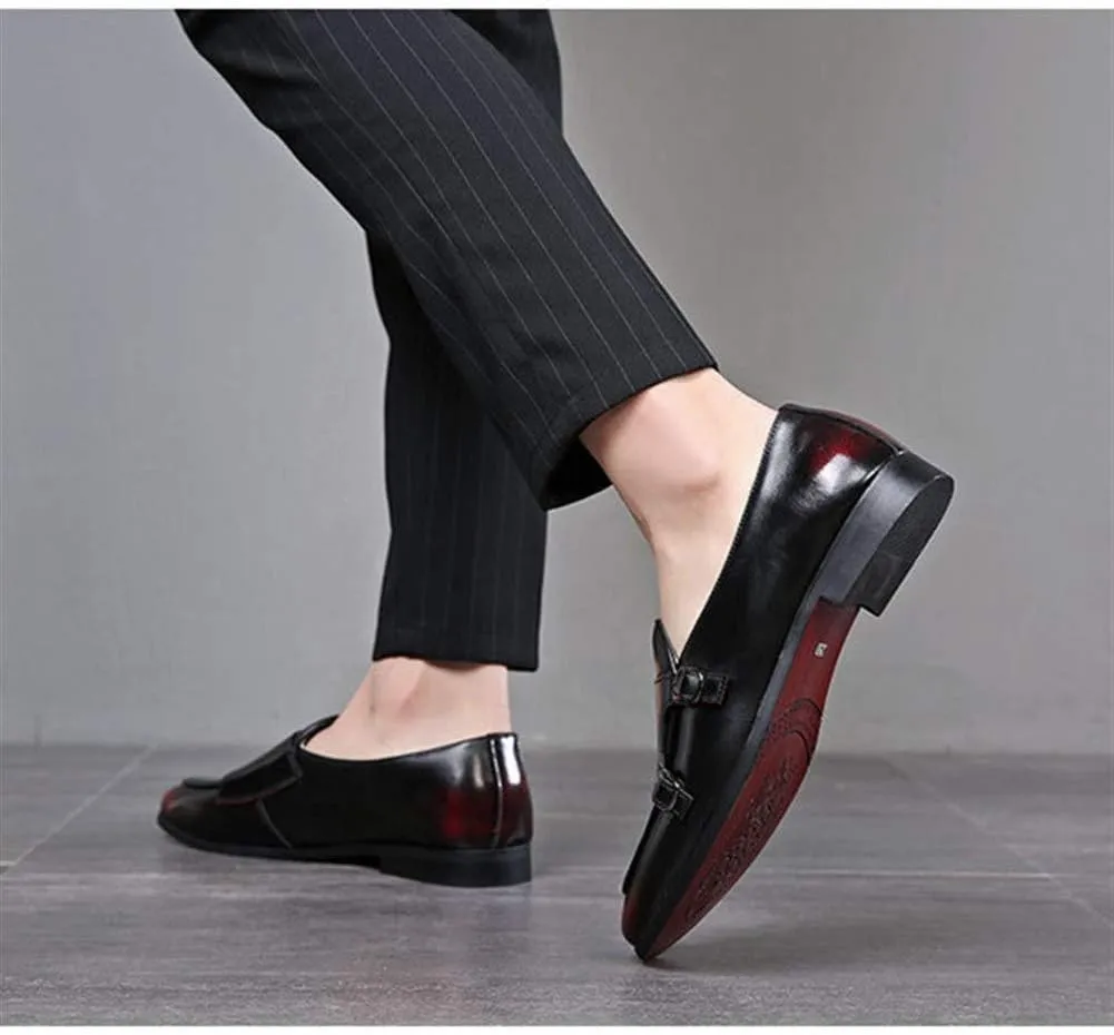 Driving Loafer for Men Walking Shoes Slip on Microfiber Leather Pointed Toe Monk Strap Anti Slip with Texture Patent Block Heel