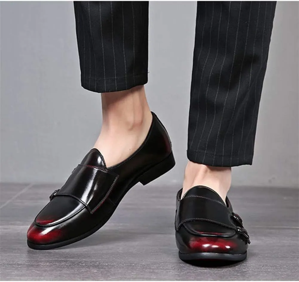 Driving Loafer for Men Walking Shoes Slip on Microfiber Leather Pointed Toe Monk Strap Anti Slip with Texture Patent Block Heel