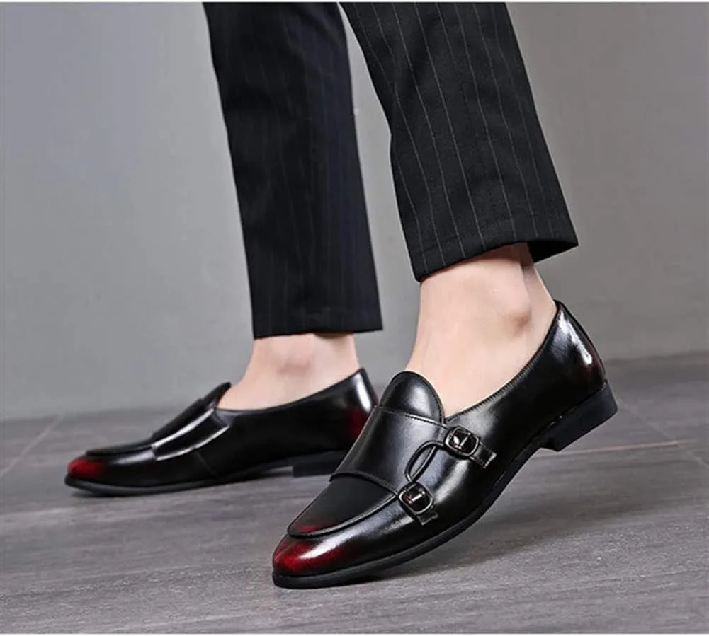 Driving Loafer for Men Walking Shoes Slip on Microfiber Leather Pointed Toe Monk Strap Anti Slip with Texture Patent Block Heel