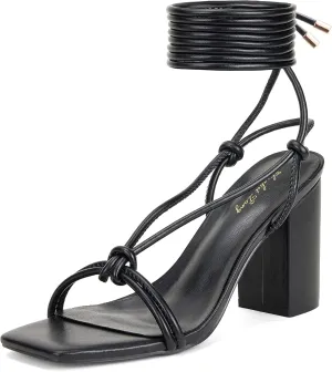 Elisabet Tang Women's Strappy Chunky Heels Sandals, 3 inch Low Block Heels Lace Up Ankle Wrap Heel Square Open Toe Tie Up Heeled Sandals Shoes
