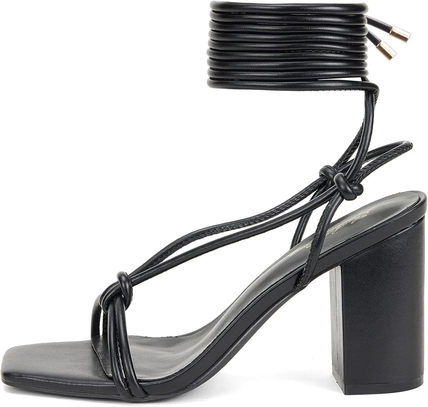 Elisabet Tang Women's Strappy Chunky Heels Sandals, 3 inch Low Block Heels Lace Up Ankle Wrap Heel Square Open Toe Tie Up Heeled Sandals Shoes