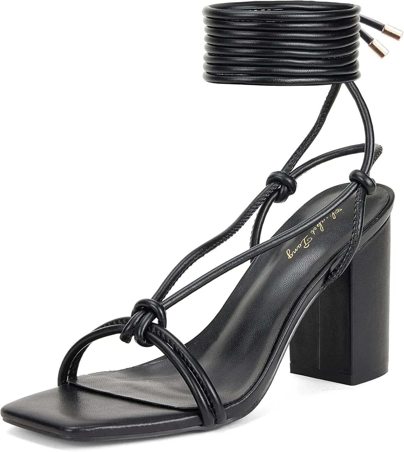 Elisabet Tang Women's Strappy Chunky Heels Sandals, 3 inch Low Block Heels Lace Up Ankle Wrap Heel Square Open Toe Tie Up Heeled Sandals Shoes