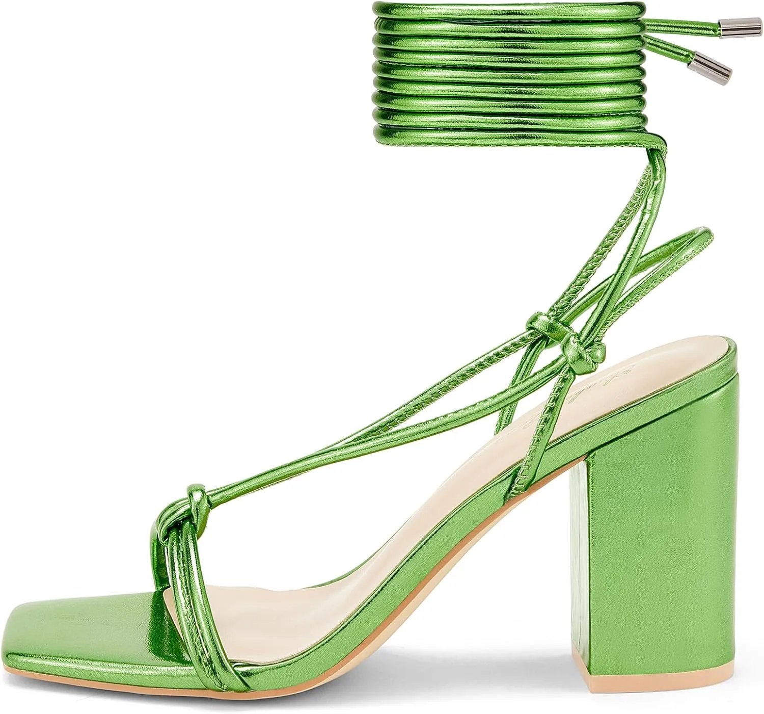 Elisabet Tang Women's Strappy Chunky Heels Sandals, 3 inch Low Block Heels Lace Up Ankle Wrap Heels Square Open Toe Tie Up Heeled Sandals Shoes