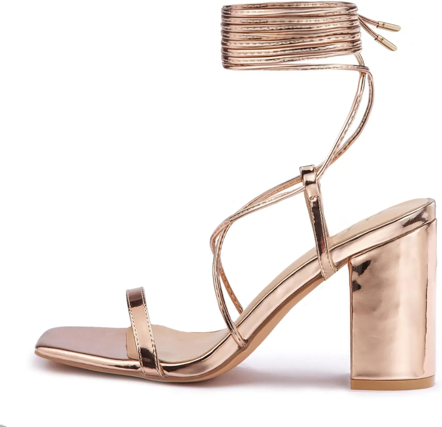 Elisabet Tang Women's Strappy Chunky Heels Sandals, 3 inch Low Block Heels Lace Up Ankle Wrap Heels Square Open Toe Tie Up Heeled Sandals Shoes