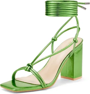 Elisabet Tang Women's Strappy Chunky Heels Sandals, 3 inch Low Block Heels Lace Up Ankle Wrap Heels Square Open Toe Tie Up Heeled Sandals Shoes