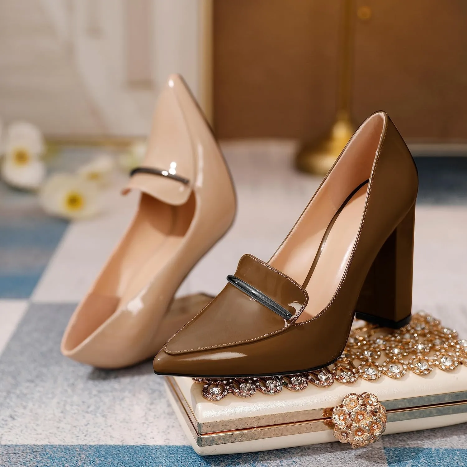 Esvowido Women's Chunky Heel Loafer Pumps with Trim High Block Heels Slip on Dress Shoes for Wedding Party Casual