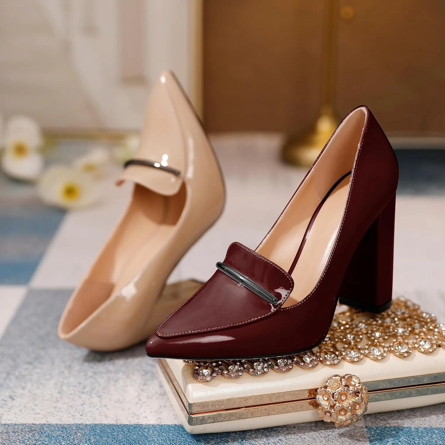 Esvowido Women's Chunky Heel Loafer Pumps with Trim High Block Heels Slip on Dress Shoes for Wedding Party Casual