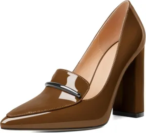 Esvowido Women's Chunky Heel Loafer Pumps with Trim High Block Heels Slip on Dress Shoes for Wedding Party Casual