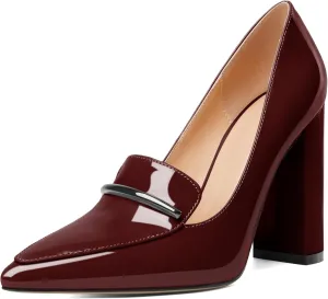 Esvowido Women's Chunky Heel Loafer Pumps with Trim High Block Heels Slip on Dress Shoes for Wedding Party Casual