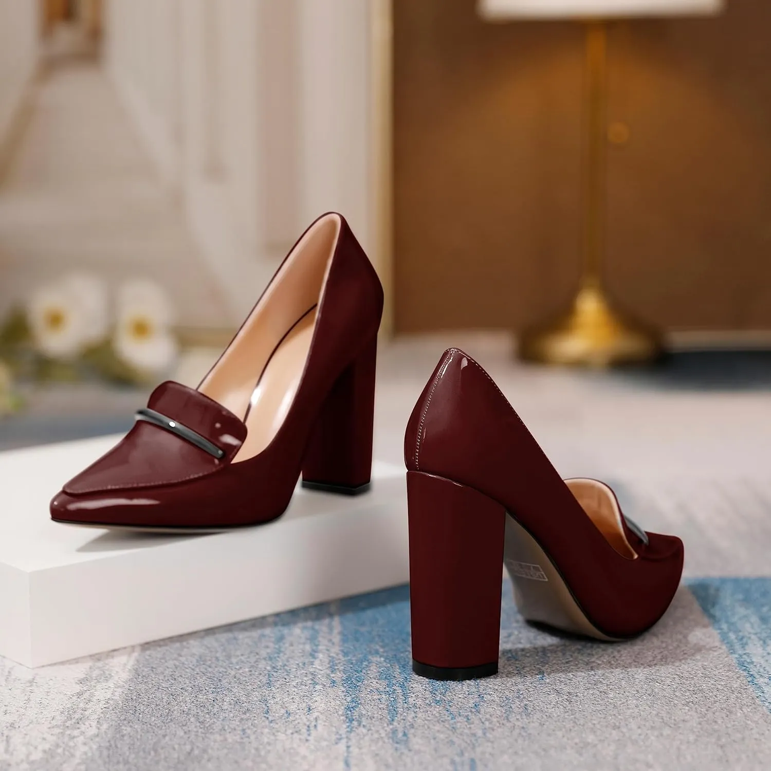 Esvowido Women's Chunky Heel Loafer Pumps with Trim High Block Heels Slip on Dress Shoes for Wedding Party Casual