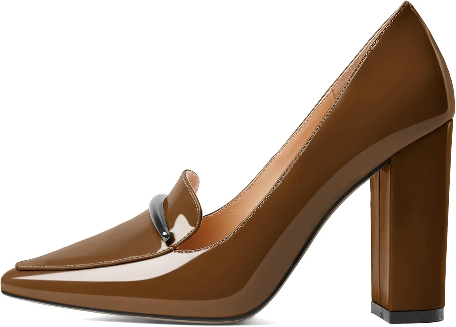 Esvowido Women's Chunky Heel Loafer Pumps with Trim High Block Heels Slip on Dress Shoes for Wedding Party Casual