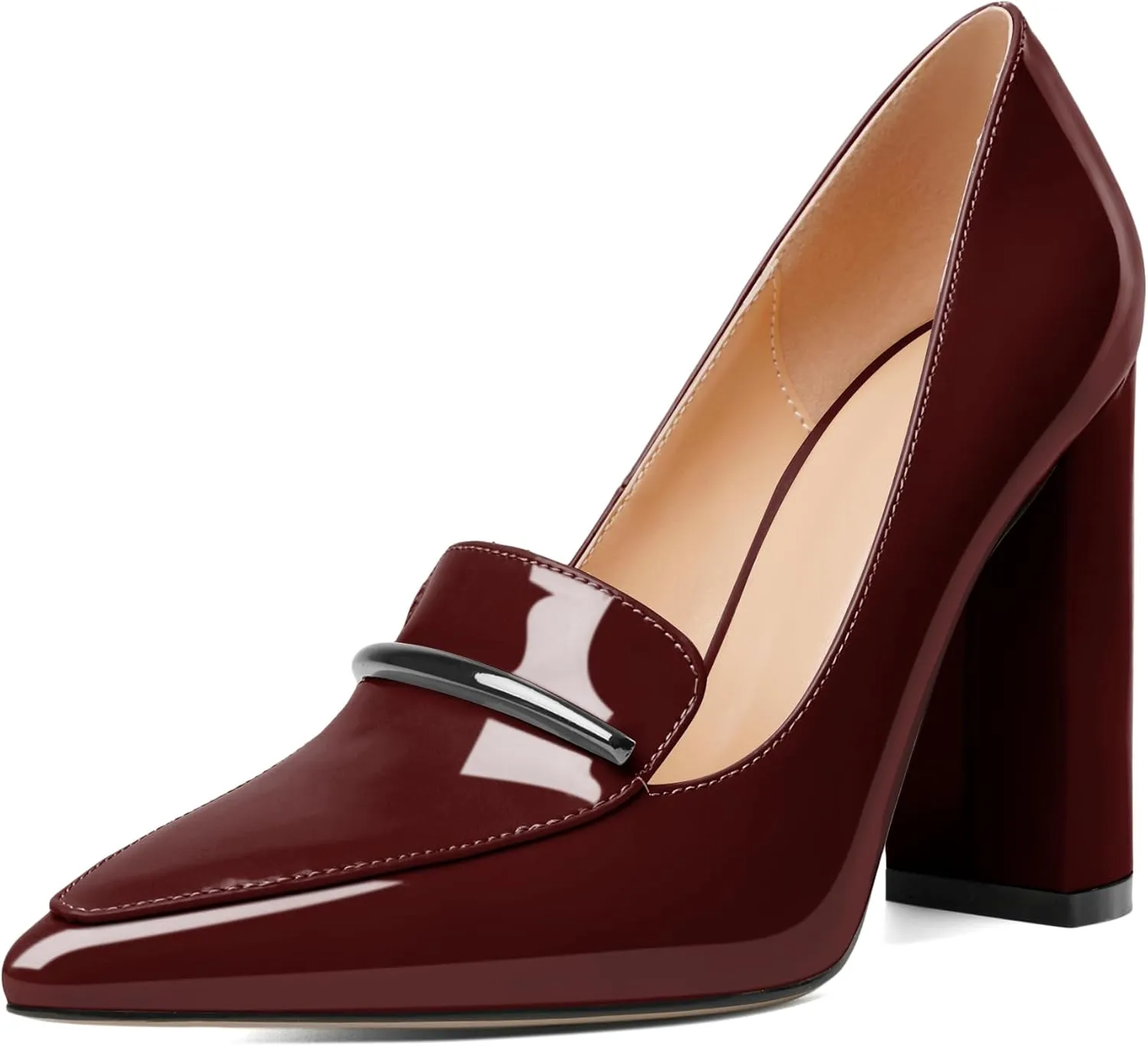 Esvowido Women's Chunky Heel Loafer Pumps with Trim High Block Heels Slip on Dress Shoes for Wedding Party Casual
