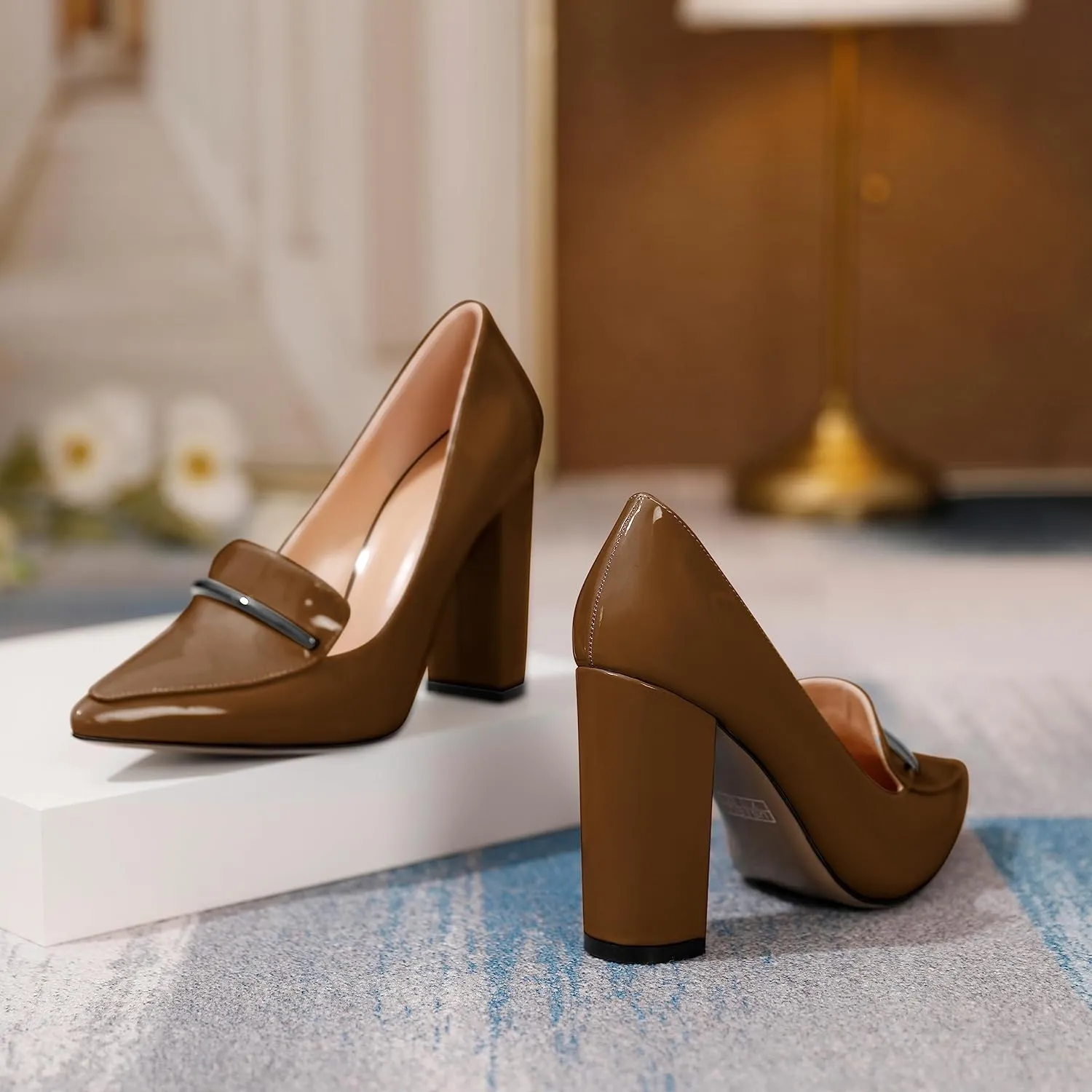 Esvowido Women's Chunky Heel Loafer Pumps with Trim High Block Heels Slip on Dress Shoes for Wedding Party Casual