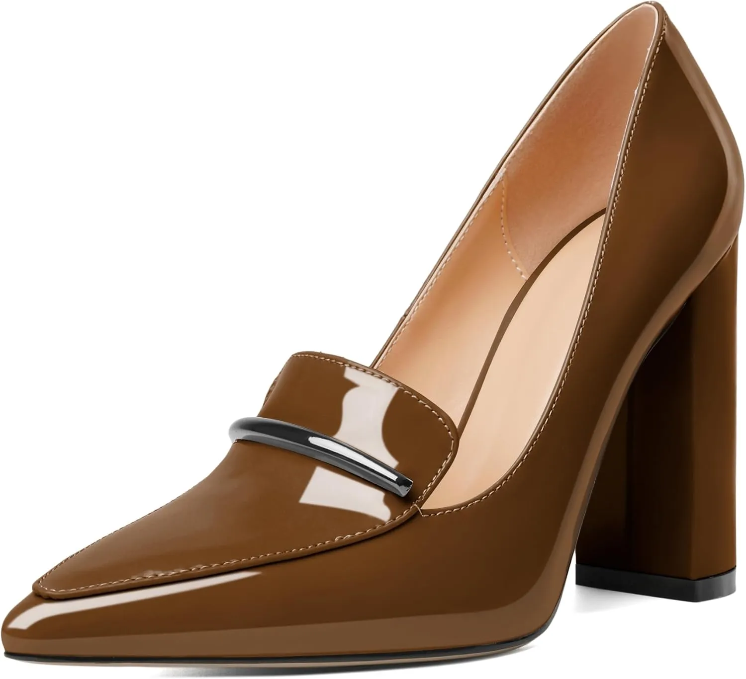 Esvowido Women's Chunky Heel Loafer Pumps with Trim High Block Heels Slip on Dress Shoes for Wedding Party Casual