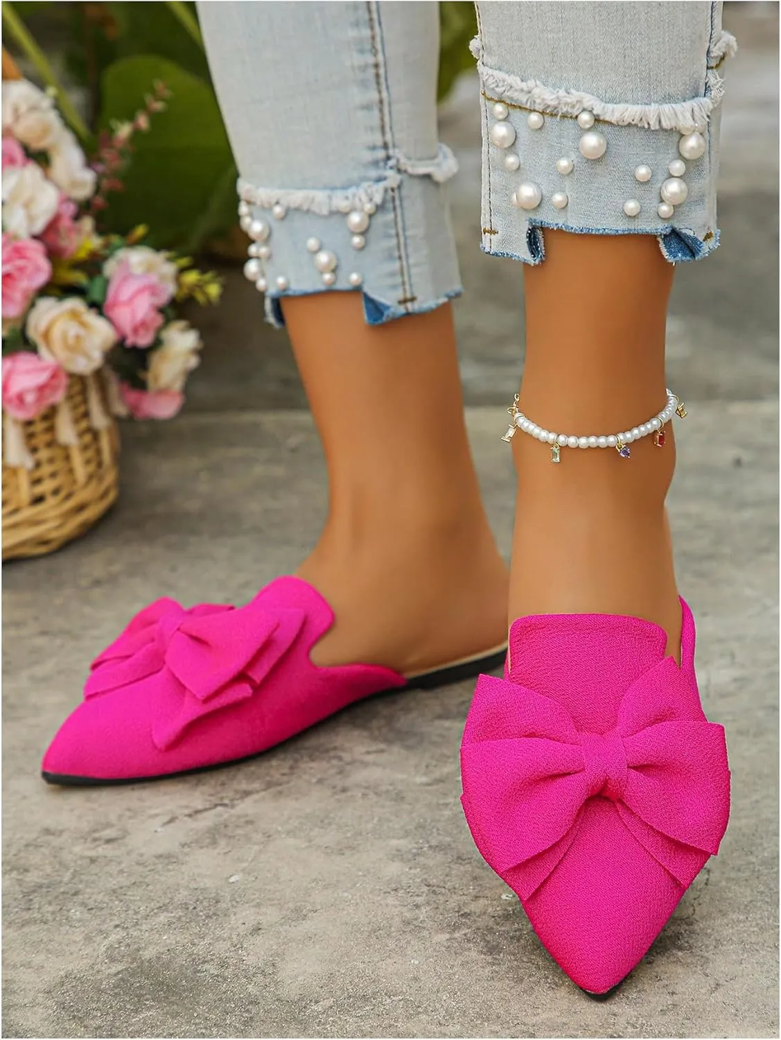 Floerns Women's Mules for Women Bowknot Pointed Toe Backless Loafer Slip on Casual Shoes