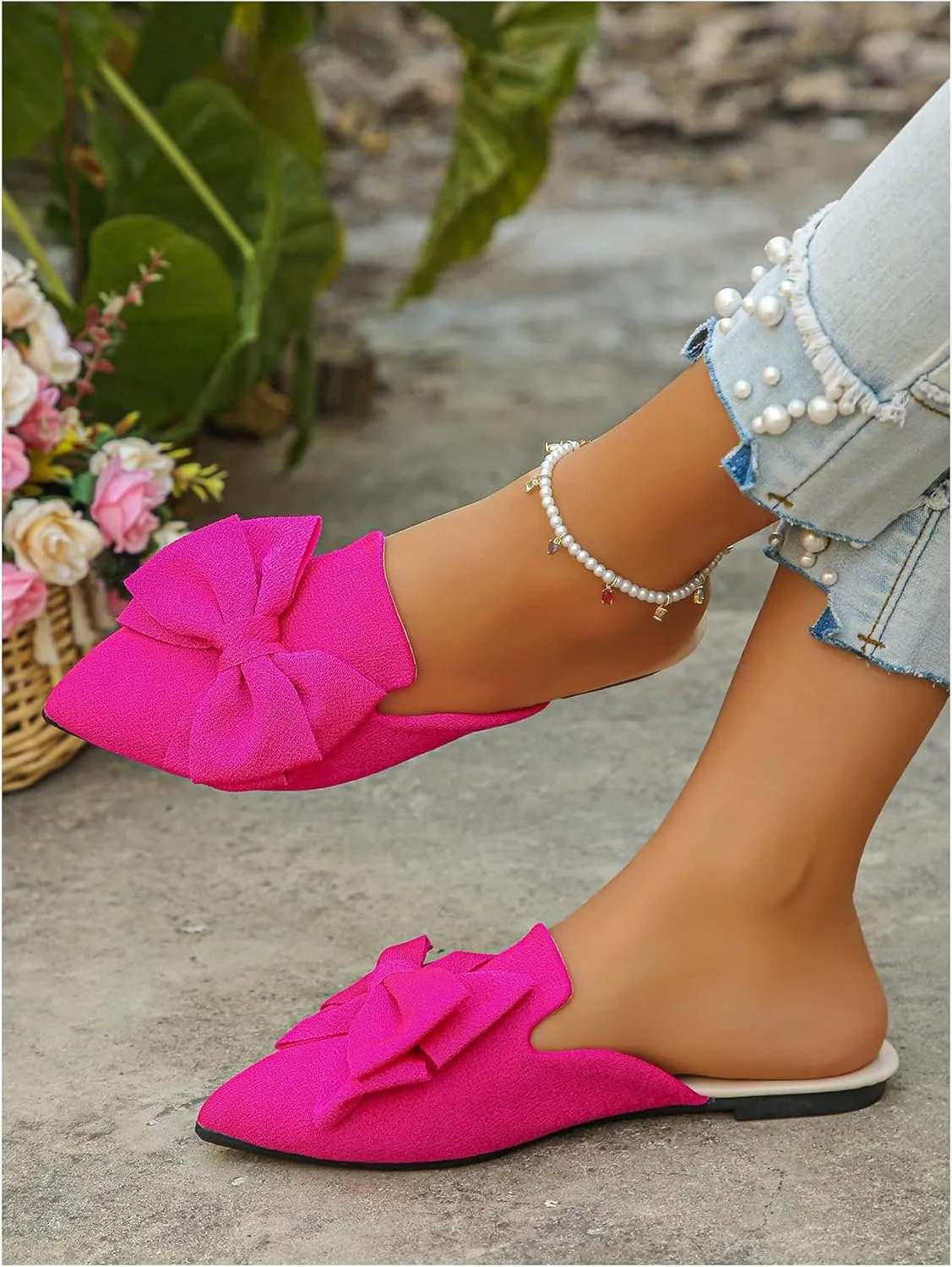 Floerns Women's Mules for Women Bowknot Pointed Toe Backless Loafer Slip on Casual Shoes