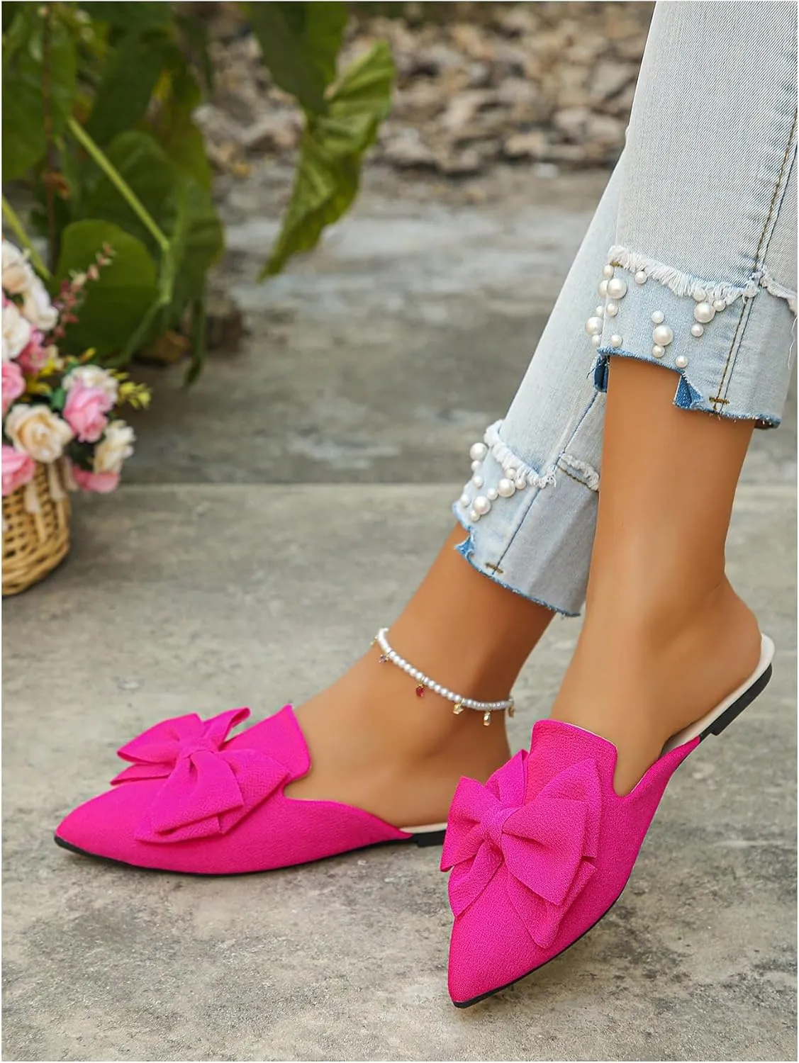 Floerns Women's Mules for Women Bowknot Pointed Toe Backless Loafer Slip on Casual Shoes