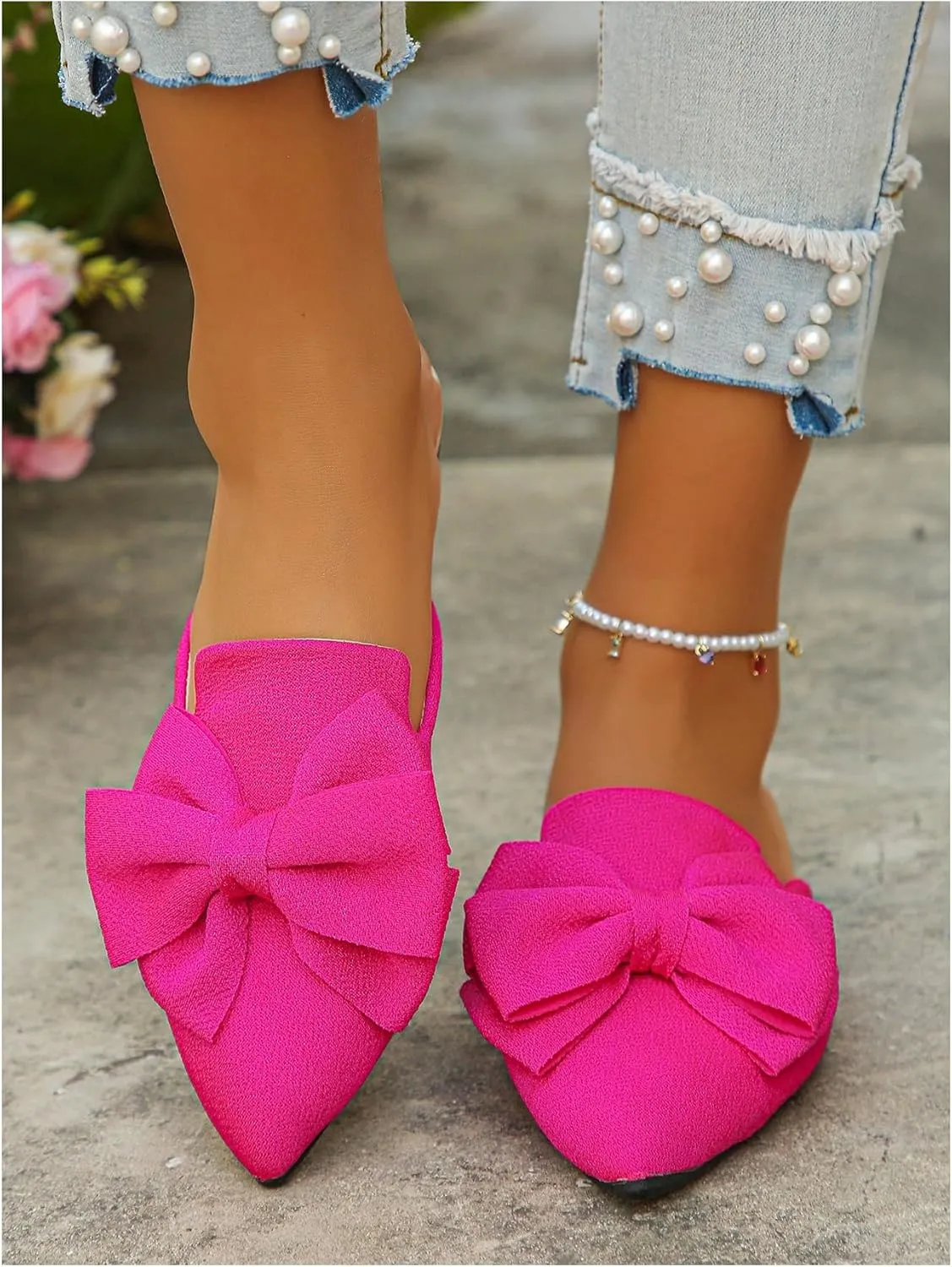 Floerns Women's Mules for Women Bowknot Pointed Toe Backless Loafer Slip on Casual Shoes