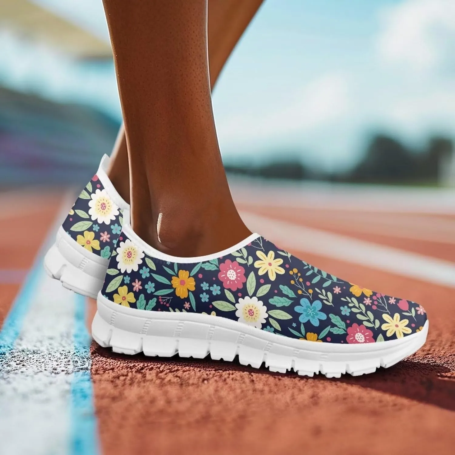 Flower Sneaker for Women Slip On Low Top Casual Breathable Mesh Outdoor Soft Lightweight Walking Sneaker for Women