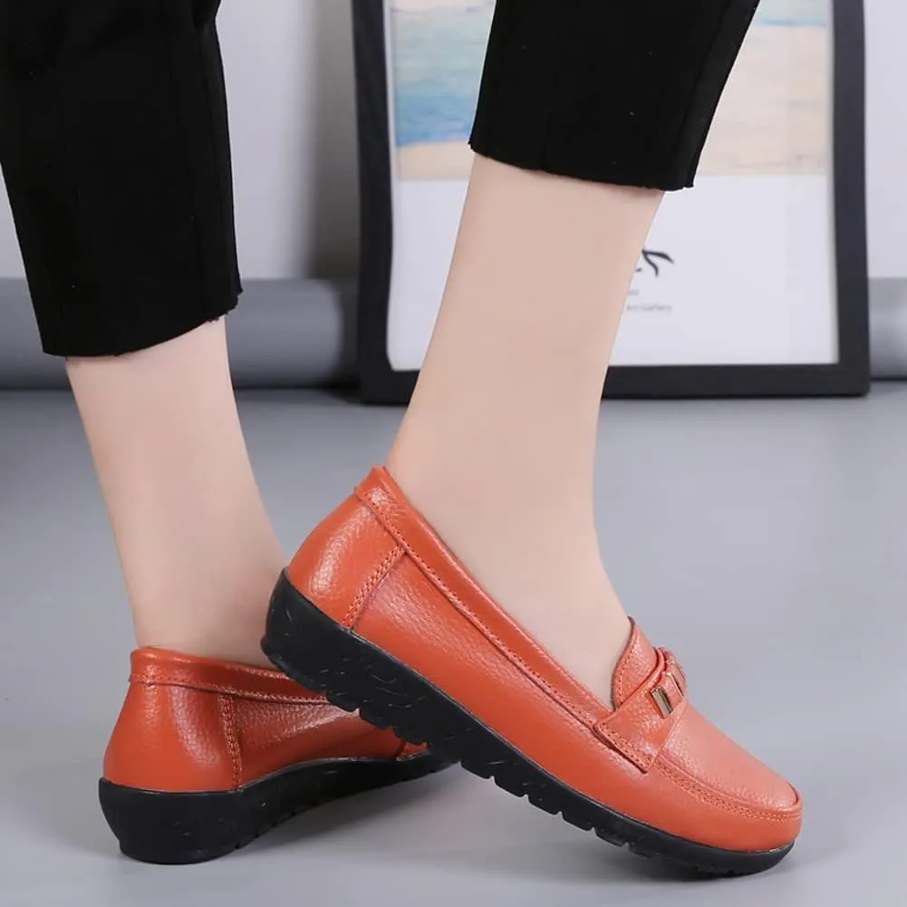 FolHaoth Loafers for Womens Comfortable Leather Moccasins Dress Shoes Casual Slip On Walking Womens Flats Loafers Fashion Boat Shoes Classic Nurse Work Flat Shoes