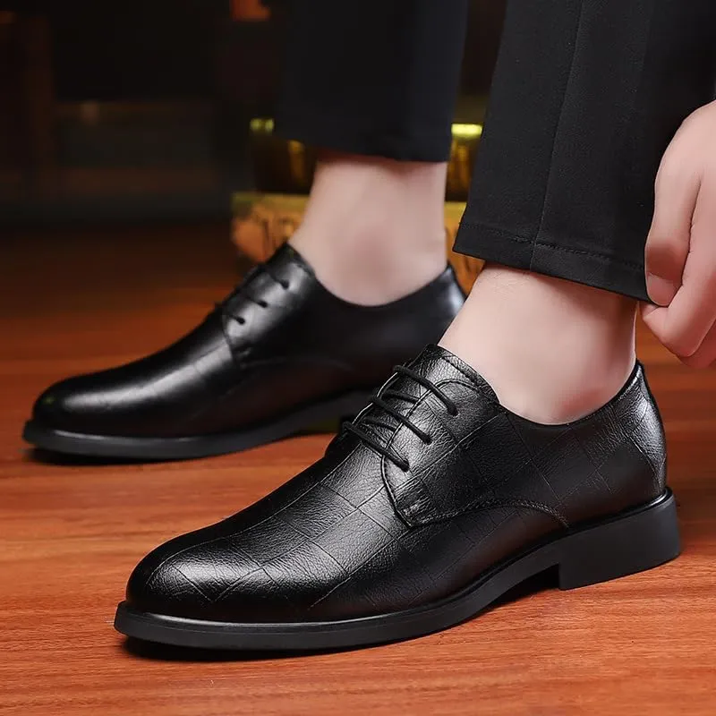 Formal Dress Shoes for Men Lace Up Black Faux Leather Solid Color Derby Shoes Block Heel Non Slip Low Top Wedding