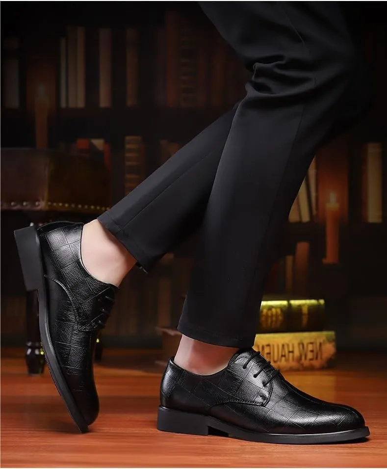 Formal Dress Shoes for Men Lace Up Black Faux Leather Solid Color Derby Shoes Block Heel Non Slip Low Top Wedding