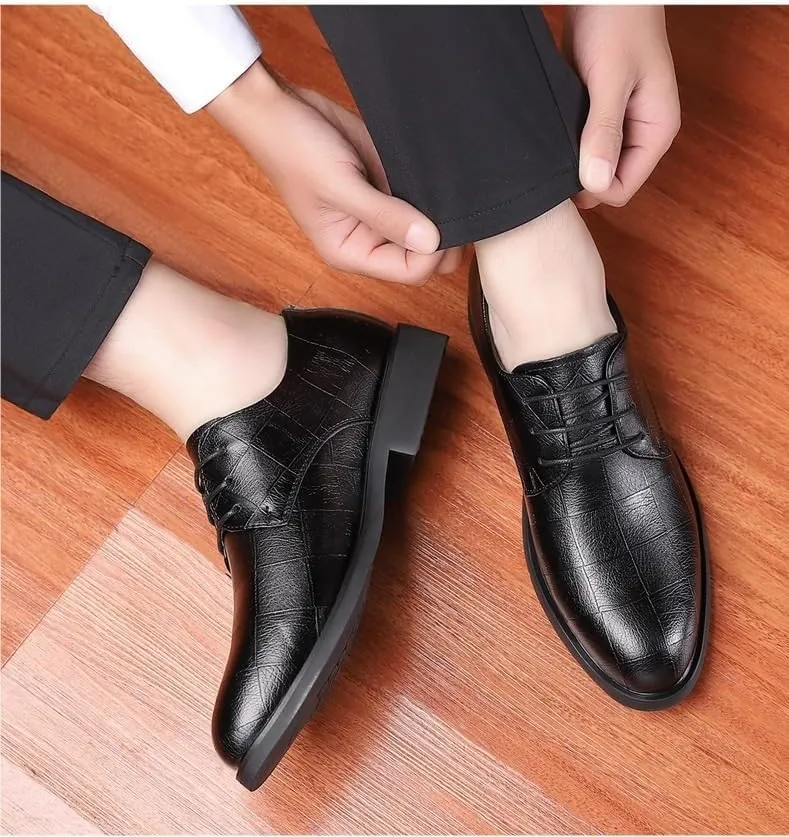 Formal Dress Shoes for Men Lace Up Black Faux Leather Solid Color Derby Shoes Block Heel Non Slip Low Top Wedding