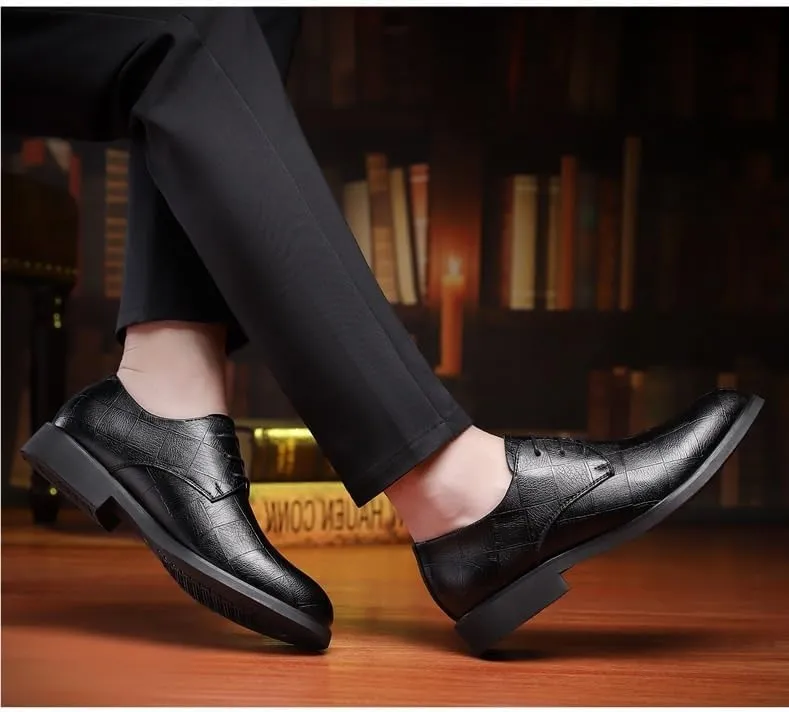 Formal Dress Shoes for Men Lace Up Black Faux Leather Solid Color Derby Shoes Block Heel Non Slip Low Top Wedding