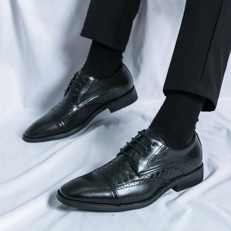 Formal Shoes for Men Lace Up Square Toe Faux Leather Cap Toe Plaid Derby Shoes Resistant Non Slip Anti-Slip Rubber Sole Business