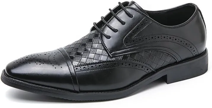 Formal Shoes for Men Lace Up Square Toe Faux Leather Cap Toe Plaid Derby Shoes Resistant Non Slip Anti-Slip Rubber Sole Business