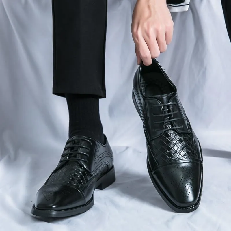 Formal Shoes for Men Lace Up Square Toe Faux Leather Cap Toe Plaid Derby Shoes Resistant Non Slip Anti-Slip Rubber Sole Business
