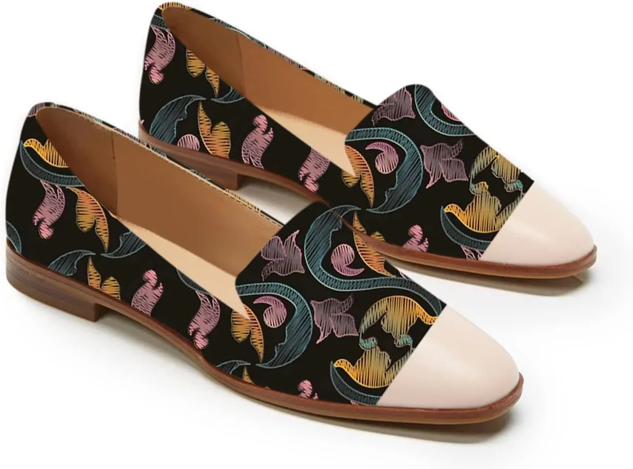 FOWT Women V Cut Loafers Embroidered Printing Flats Slip on Low Heels Shoes Pointed Toe Loafers Low Bock heels Shoes Leather Flats Casual Summer Fall Flats Dress Comfort Walking Shoes Size 14 US