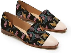 FOWT Women V Cut Loafers Embroidered Printing Flats Slip on Low Heels Shoes Pointed Toe Loafers Low Bock heels Shoes Leather Flats Casual Summer Fall Flats Dress Comfort Walking Shoes Size 14 US
