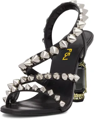 FSJ Women Open Toe Studs Strap Chunky High Heeled Sandals Studded Rivets Slingbacks Sexy Comfort Strappy Spiky Summer Daily Wear Evening Shoes Size 4-16 US