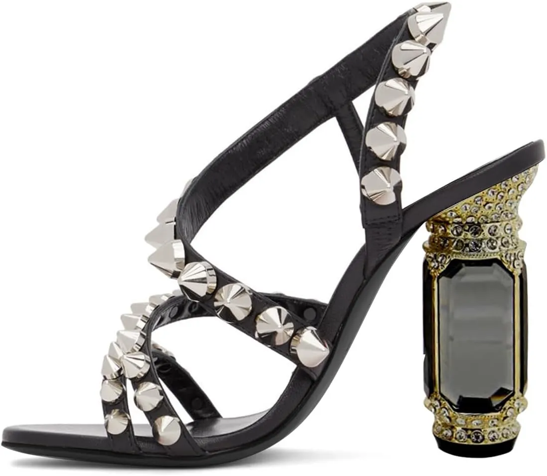 FSJ Women Open Toe Studs Strap Chunky High Heeled Sandals Studded Rivets Slingbacks Sexy Comfort Strappy Spiky Summer Daily Wear Evening Shoes Size 4-16 US