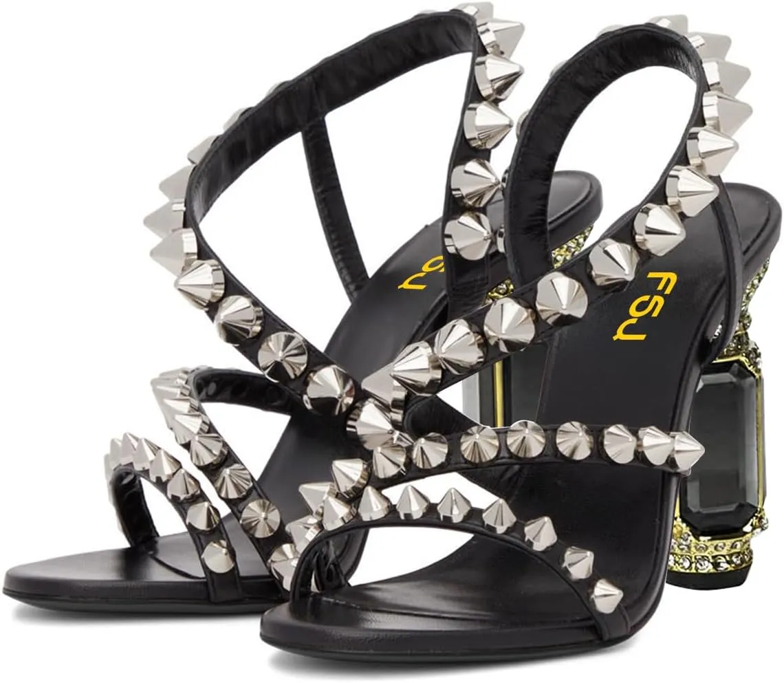 FSJ Women Open Toe Studs Strap Chunky High Heeled Sandals Studded Rivets Slingbacks Sexy Comfort Strappy Spiky Summer Daily Wear Evening Shoes Size 4-16 US