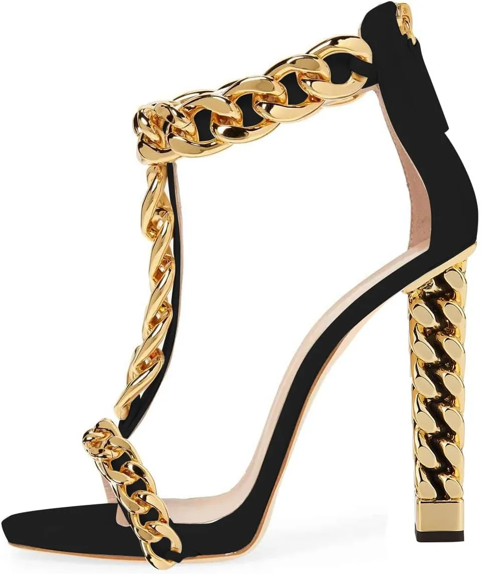 FSJ Women Sexy T-Strap Gold Metal Chain Chunky High Heel Sandal Open Toe Ankle Strap Pump Back Zipper Bridal Wedding Party Shoes Size 4-15 US