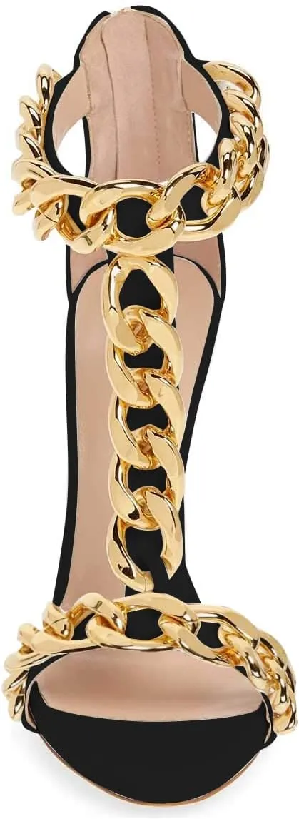 FSJ Women Sexy T-Strap Gold Metal Chain Chunky High Heel Sandal Open Toe Ankle Strap Pump Back Zipper Bridal Wedding Party Shoes Size 4-15 US