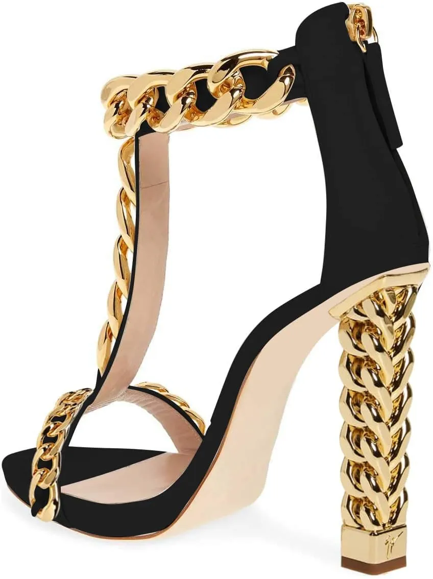 FSJ Women Sexy T-Strap Gold Metal Chain Chunky High Heel Sandal Open Toe Ankle Strap Pump Back Zipper Bridal Wedding Party Shoes Size 4-15 US
