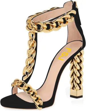 FSJ Women Sexy T-Strap Gold Metal Chain Chunky High Heel Sandal Open Toe Ankle Strap Pump Back Zipper Bridal Wedding Party Shoes Size 4-15 US