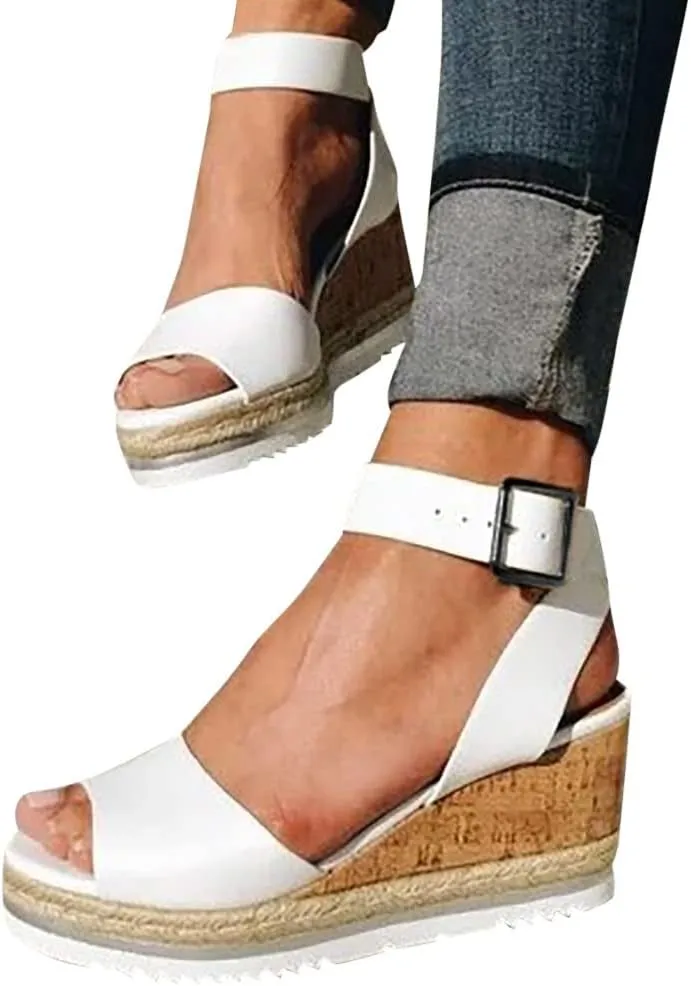Fululuer Fashion Toe Wedges Shoes Womens Ladies Roman Open Retro Platform Sandals Women's Sandals Sandals with Arch Support for Women Pretty (H-White, 7.5)